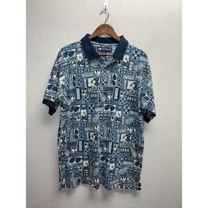 Vintage Big Dogs Polo Shirt Blue All Over Hawaiian Short Sleeve Top Mens Large